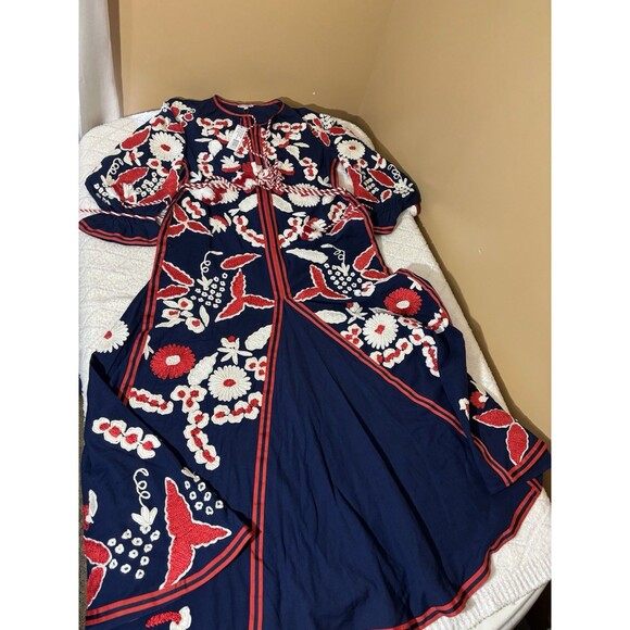 NWT Frances Valentine Geraldine Cotton Embroidery Floral Navy Red Dress Size XS - Picture 3 of 16
